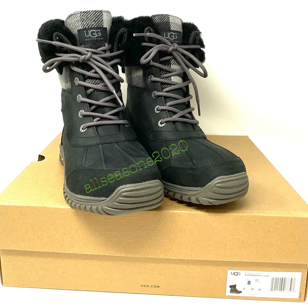 UGG Women’s Boots Adirondack 2 Plaid Black Le Fur - Picture 5 of 12